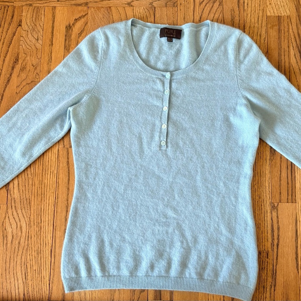 Pure Collection Light Blue Scoop Neck Button Henley Sweater